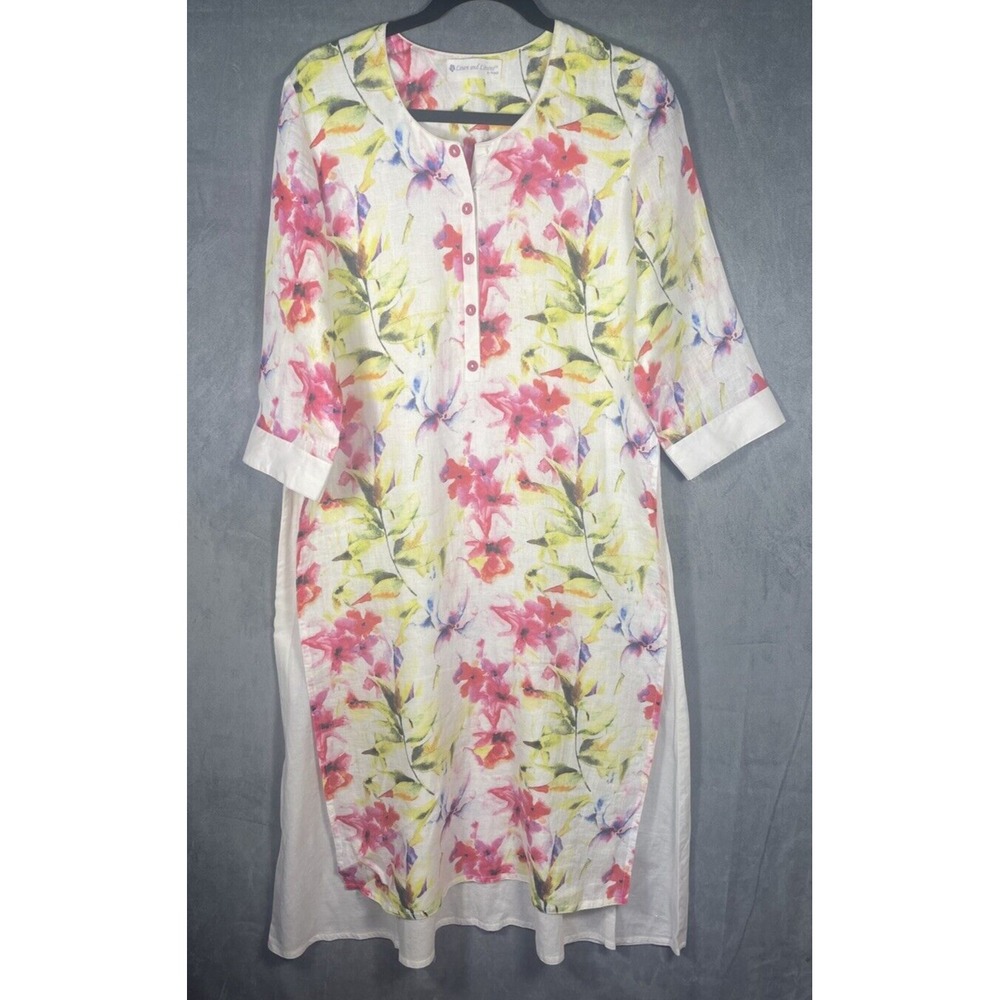 Linen and Linens by Vrijesh Floral A Line Dress Kurta Sz L Lined Pink Yellow